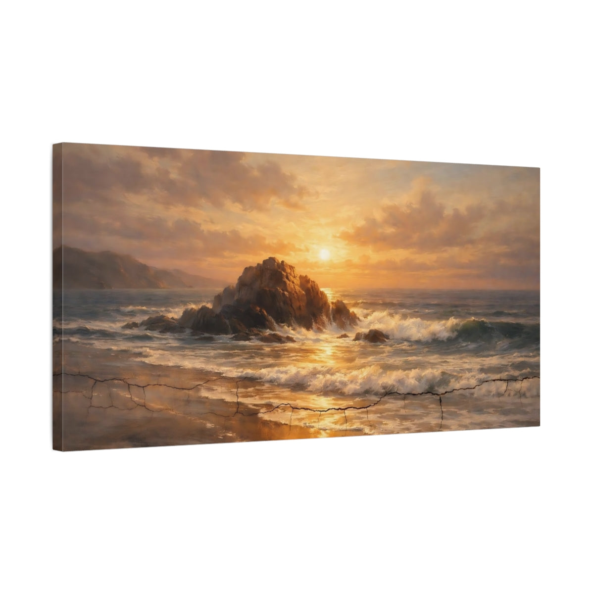 Side Mockup 2. Nature Ocean Sunset Golden Ocean Sunset shown as stretched canvas wall art