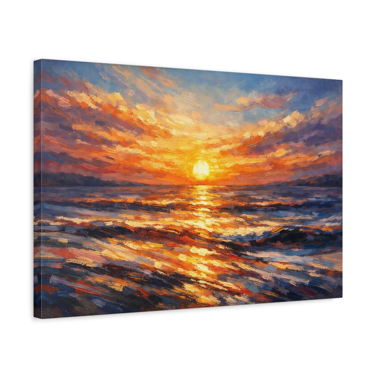 Side Mockup 3. Nature Ocean Sunset Orange Sunset Ocean shown as stretched canvas wall art