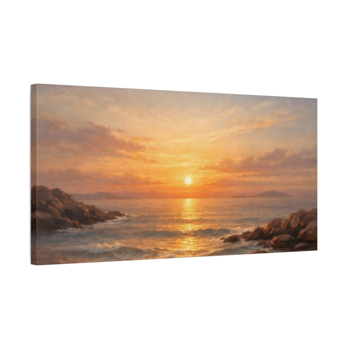 Side Mockup 2. Nature Ocean Sunset Orange Sunset Seascape shown as stretched canvas wall art