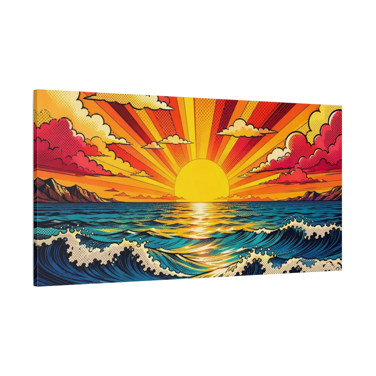 Side Mockup 2. Nature Ocean Sunset Vibrant Ocean Sunset shown as stretched canvas wall art
