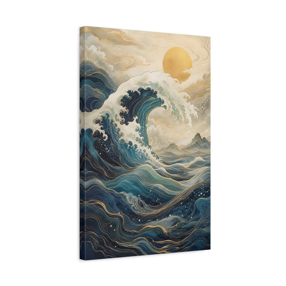 Nature Ocean Wave Blue And Gold Canvas Wall Art Print – Japanese Style Living Room, Above Sofa - YesArtYes