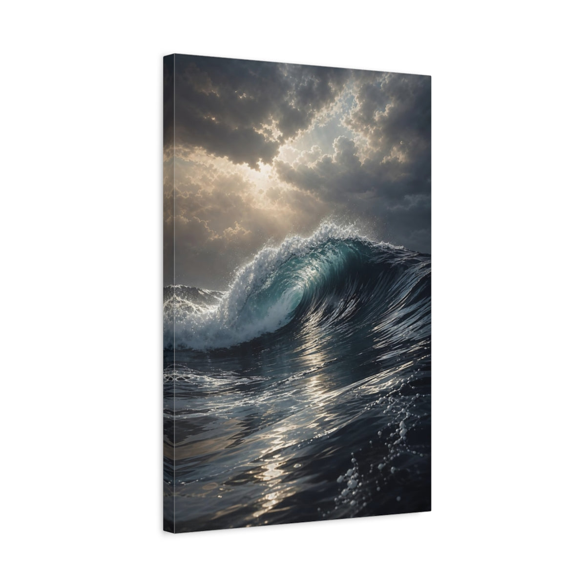 Side Mockup 3. Nature Ocean Wave Blue Ocean Wave shown as stretched canvas wall art