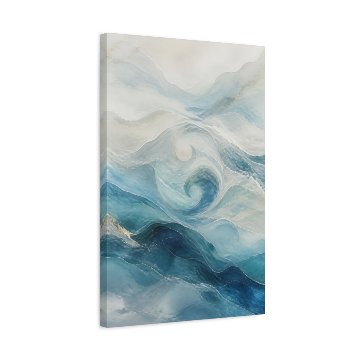 Side Mockup 3. Nature Ocean Waves Blue And Gold shown as stretched canvas wall art