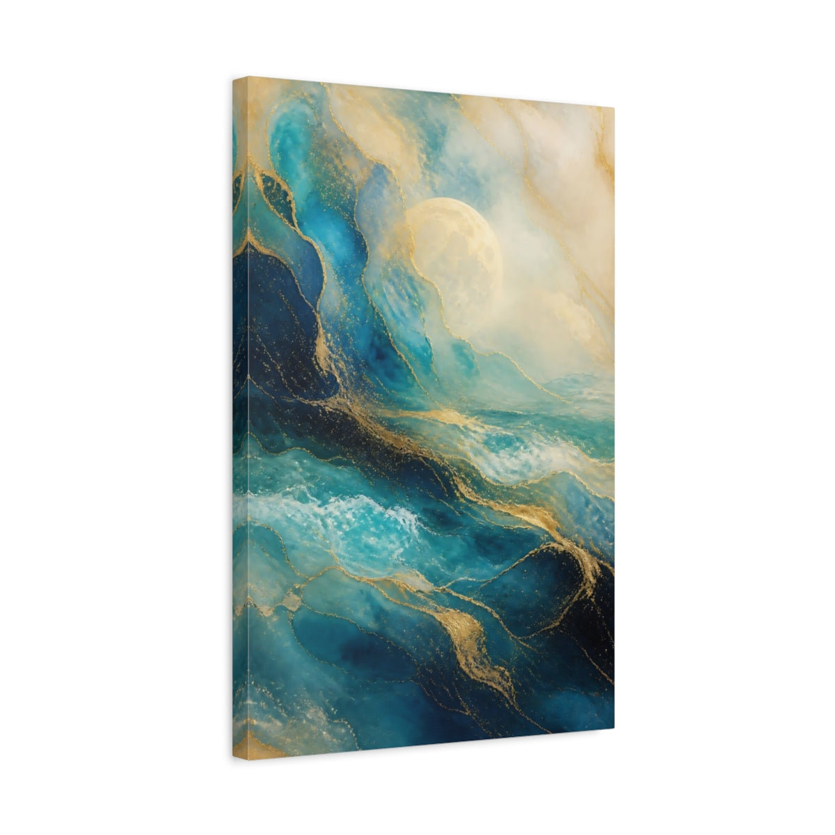 Side Mockup 3. Nature Ocean Waves Blue And Gold shown as stretched canvas wall art