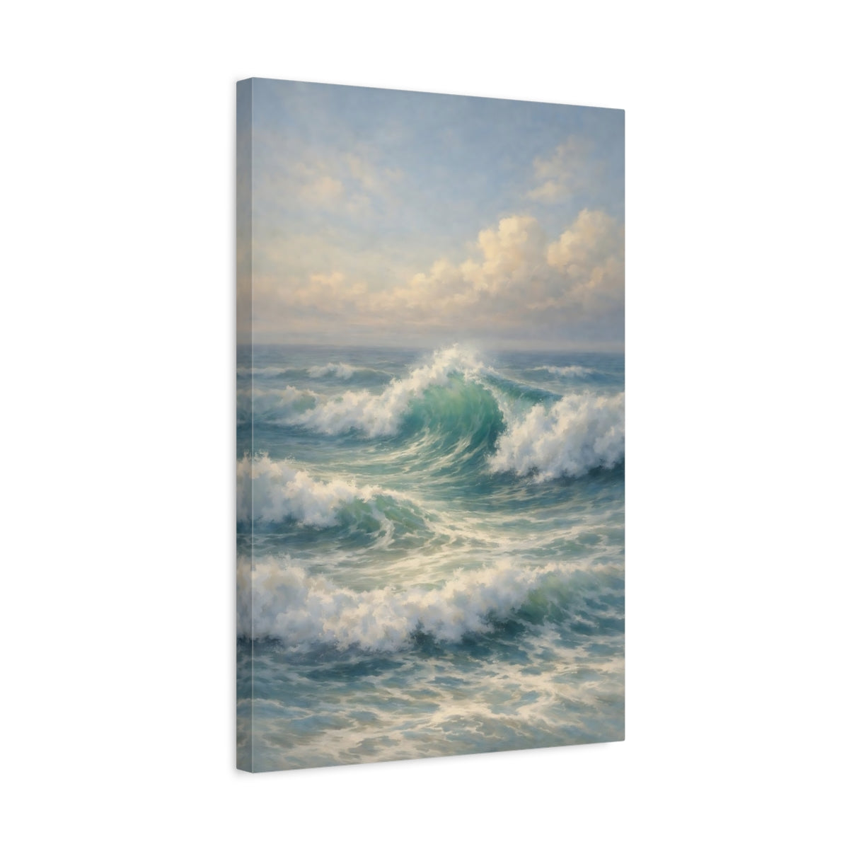 Side Mockup 3. Nature Ocean Waves Blue And Green shown as stretched canvas wall art