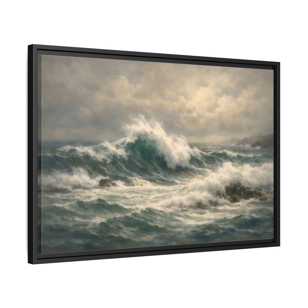 Side Mockup 14. Nature Ocean Waves Blue And Green shown as stretched canvas wall art
