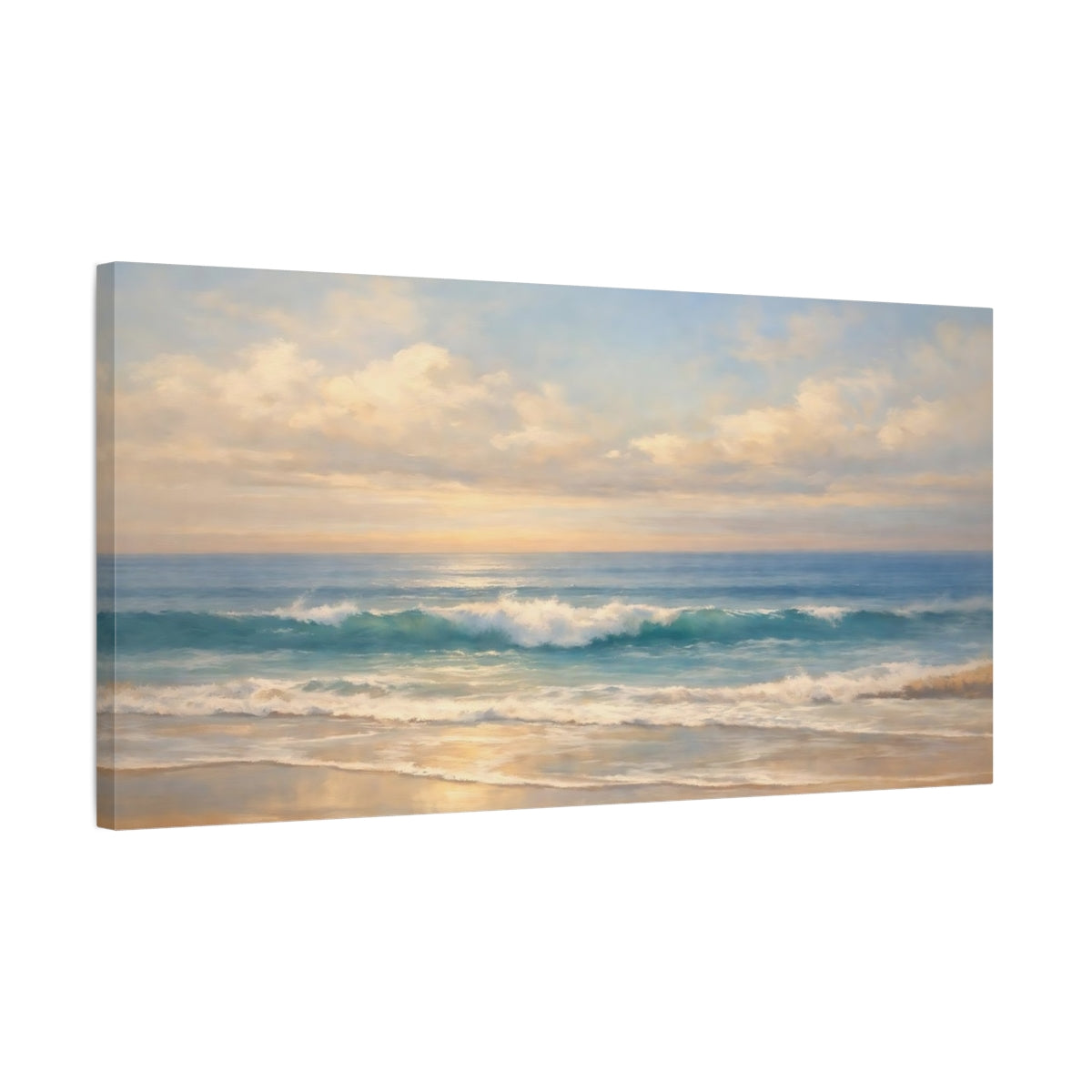 Side Mockup 2. Nature Ocean Waves Blue Gold Ocean shown as stretched canvas wall art