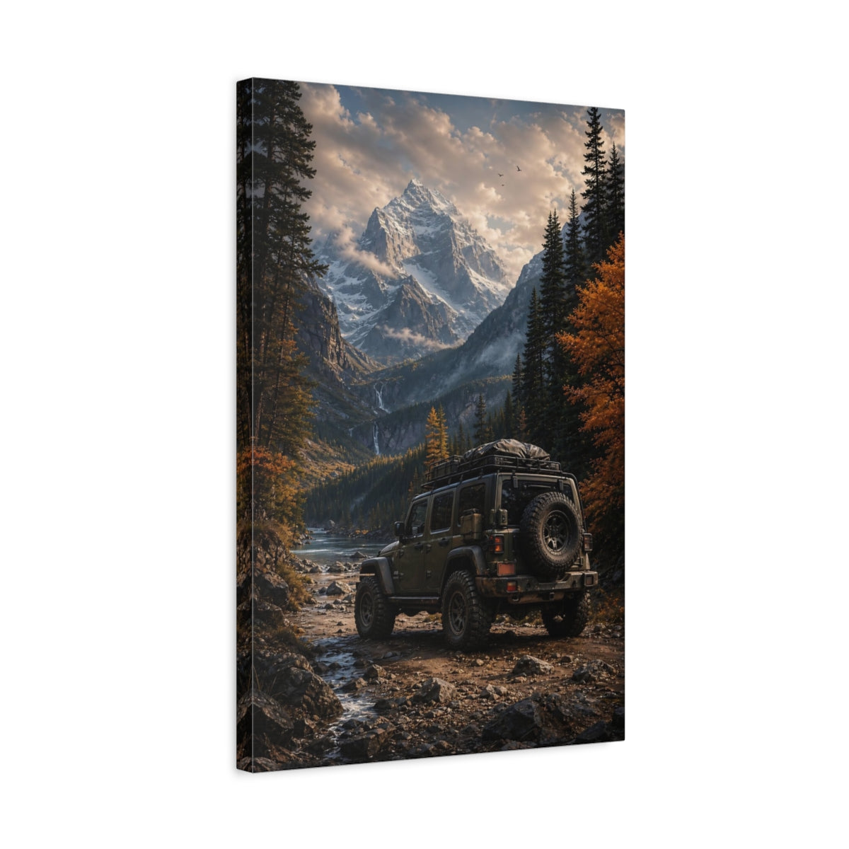 Side Mockup 3. Nature Off-Road Vehicle Green Off-Road Mountain shown as stretched canvas wall art