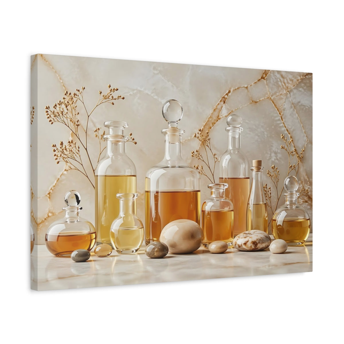 Side Mockup 3. Nature Oil Bottles Gold And Beige shown as stretched canvas wall art