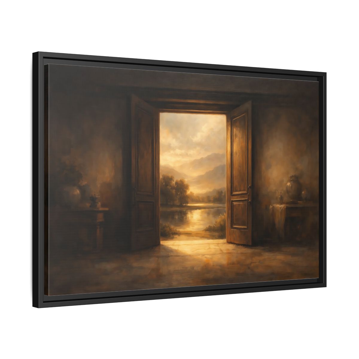 Side Mockup 14. Nature Open Door Brown And Gold shown as stretched canvas wall art