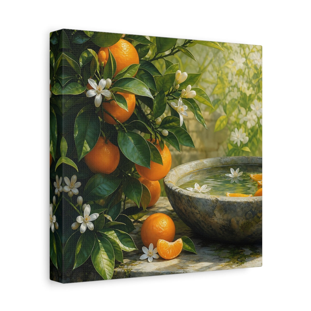 Side Mockup 9. Nature Orange Tree Orange Blossoms Garden shown as stretched canvas wall art