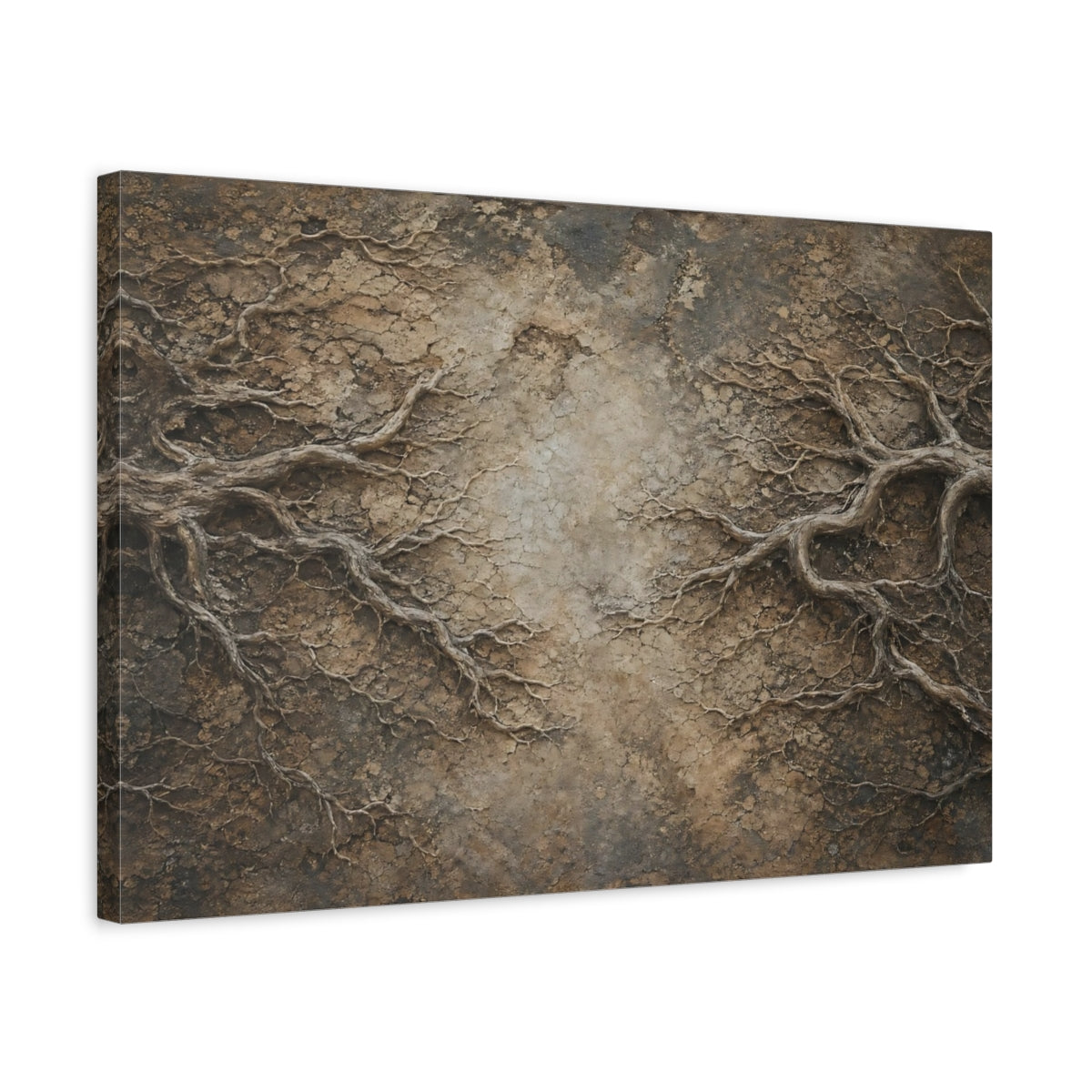 Side Mockup 3. Nature Organic Roots Brown And Beige shown as stretched canvas wall art