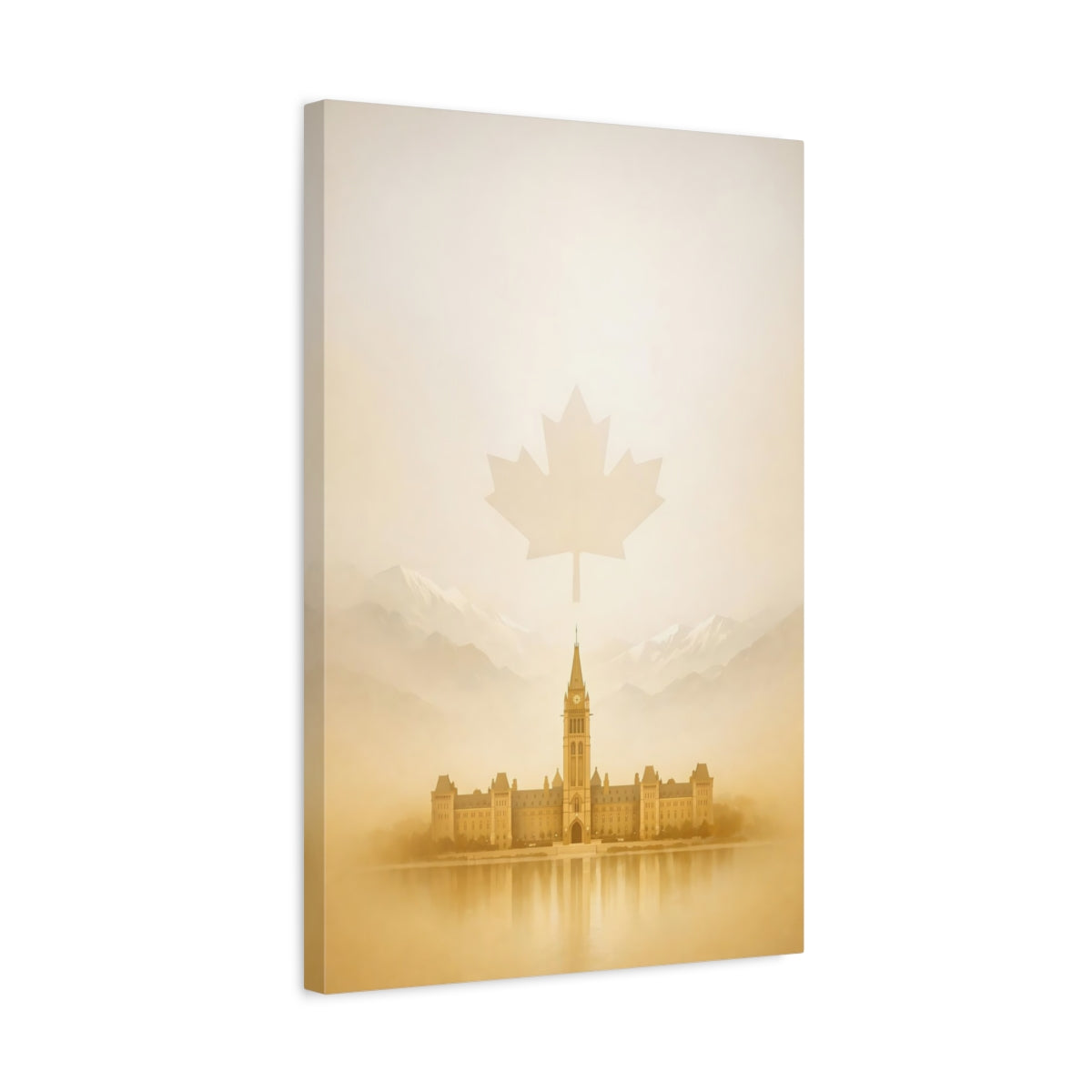 Side Mockup 3. Nature Parliament Building Sepia Landscape shown as stretched canvas wall art