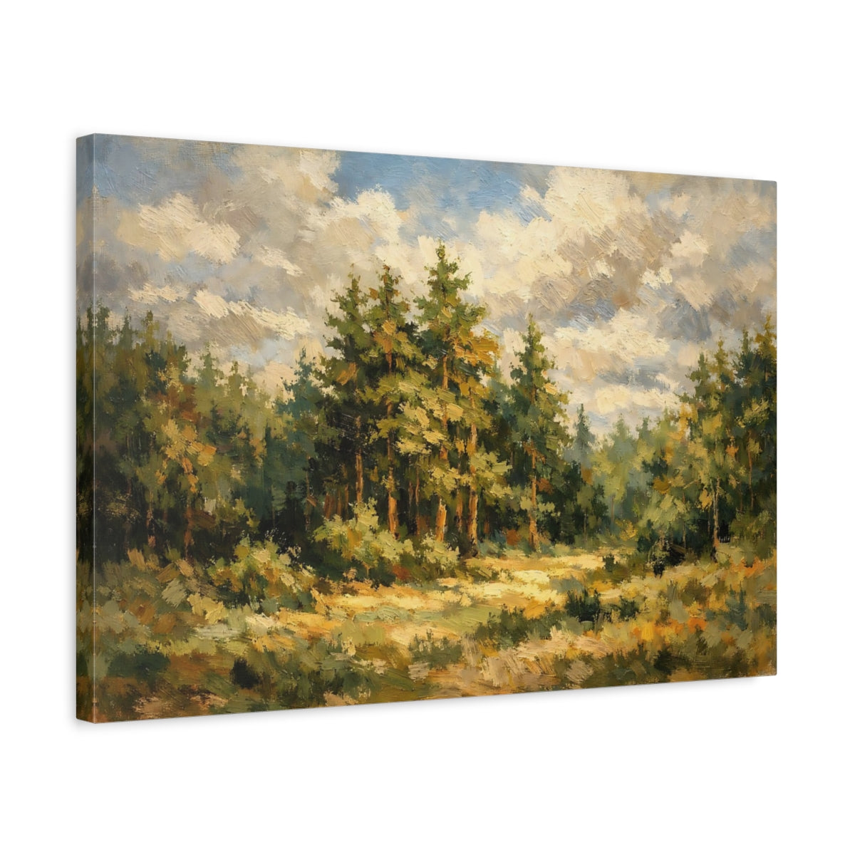 Side Mockup 3. Nature Pine Forest Green Forest Landscape shown as stretched canvas wall art