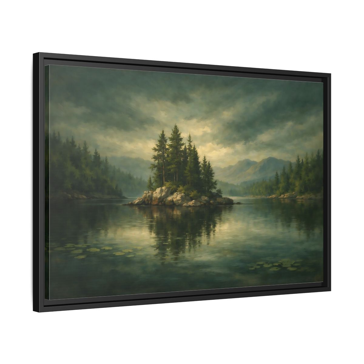 Side Mockup 14. Nature Pine Island Lake Island Green shown as stretched canvas wall art