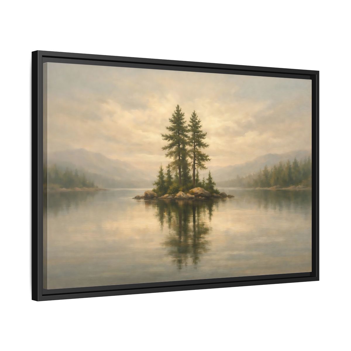 Side Mockup 14. Nature Pine Island Misty Lake Island shown as stretched canvas wall art