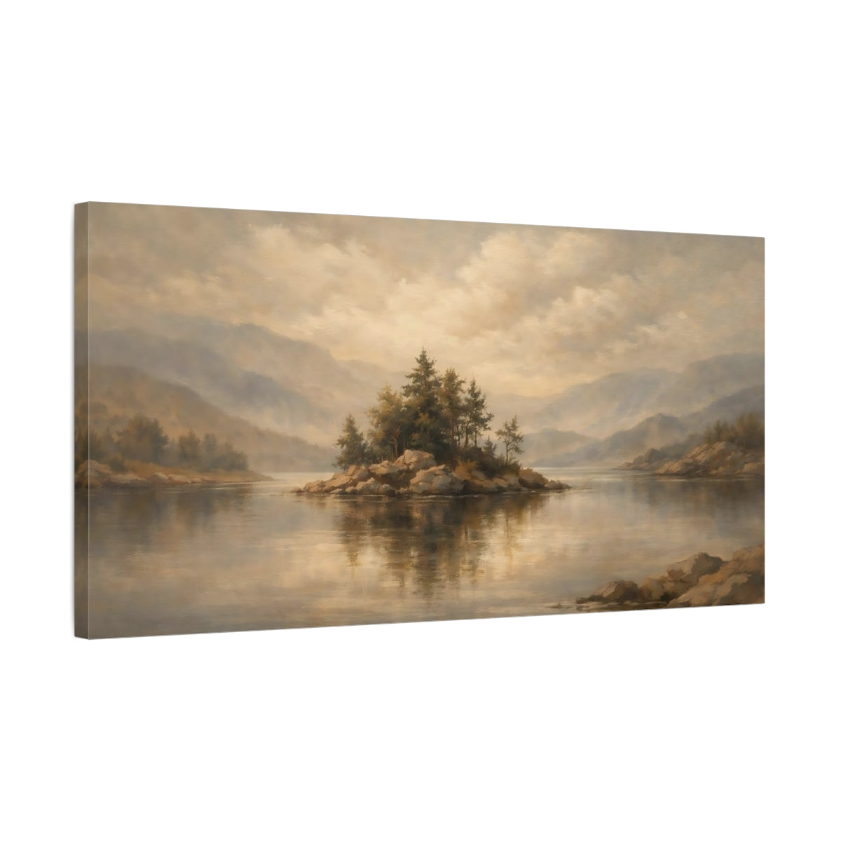 Side Mockup 2. Nature Pine Island Muted Landscape shown as stretched canvas wall art