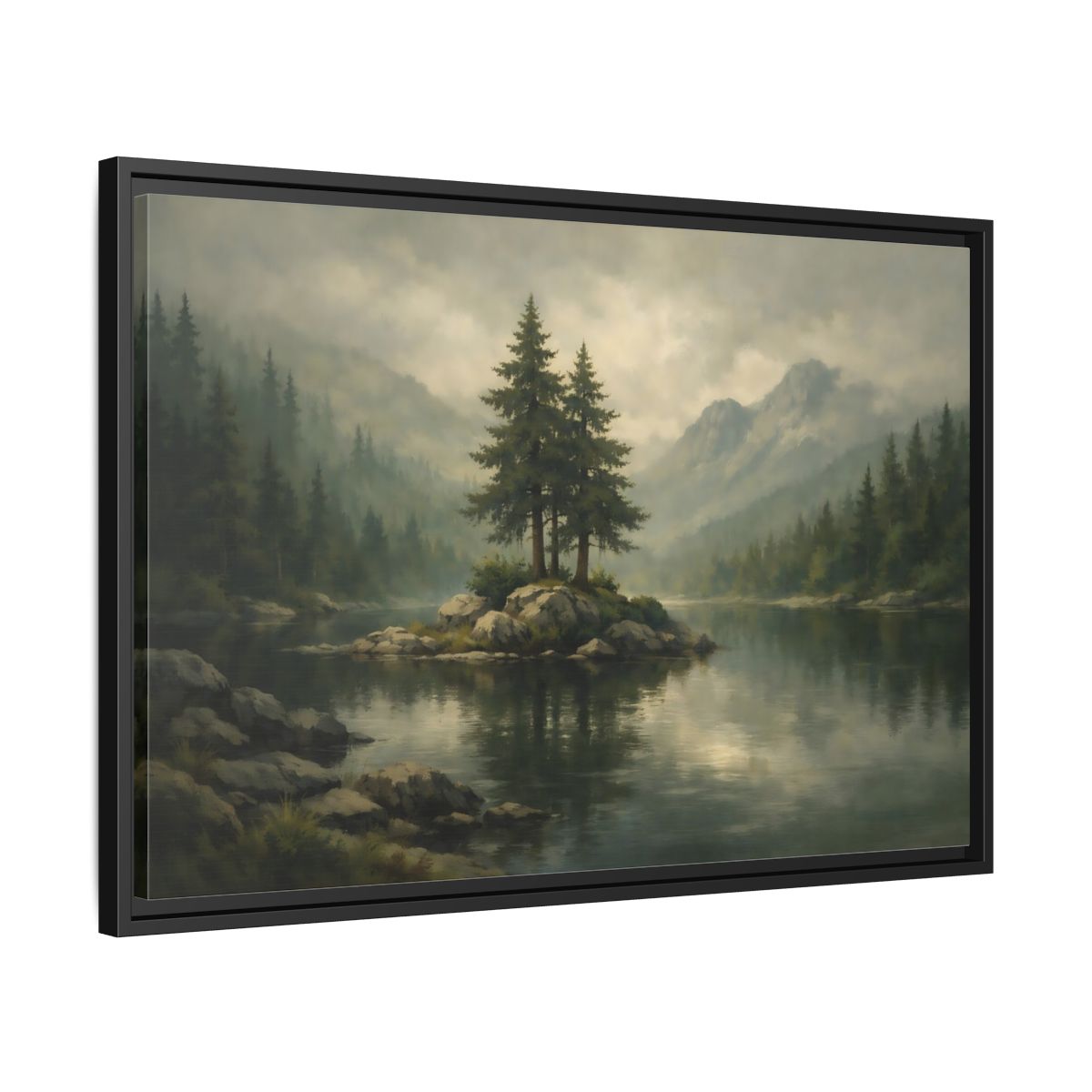 Side Mockup 14. Nature Pine Trees Green Gray Landscape shown as stretched canvas wall art
