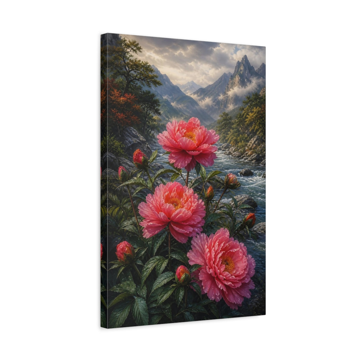 Side Mockup 3. Nature Pink Peonies Pink Peonies shown as stretched canvas wall art