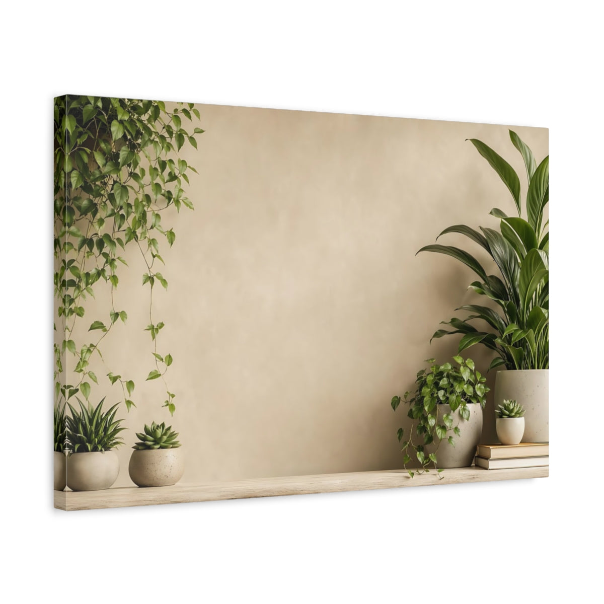 Side Mockup 3. Nature Potted Plants Green And Beige shown as stretched canvas wall art