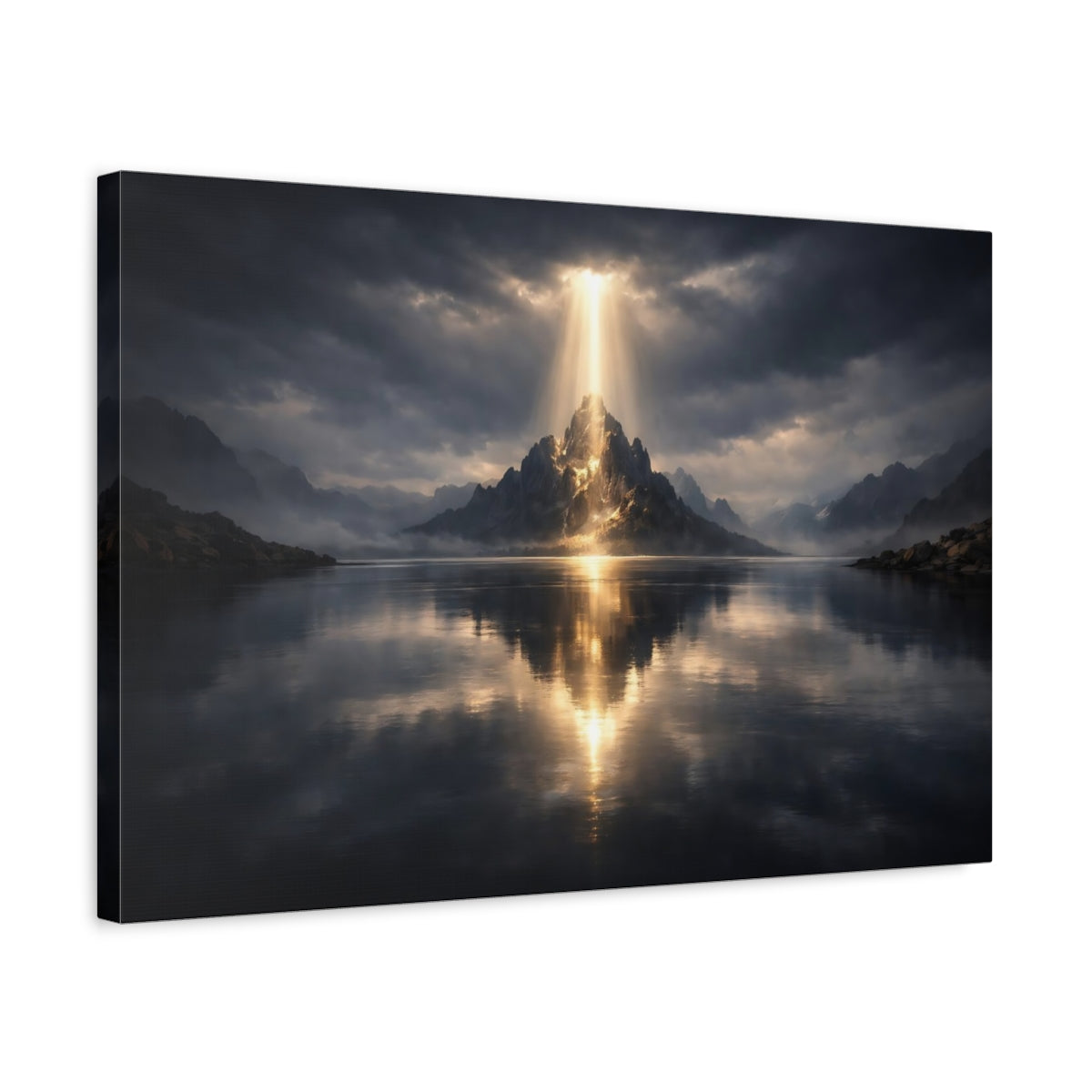 Side Mockup 3. Nature Radiant Mountain Mountain Lake Light shown as stretched canvas wall art