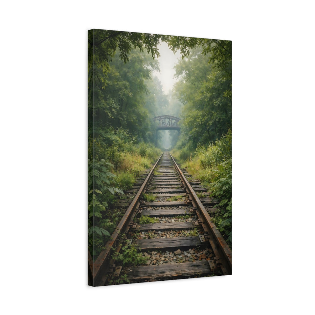 Side Mockup 3. Nature Railroad Tracks Misty Forest Tracks shown as stretched canvas wall art