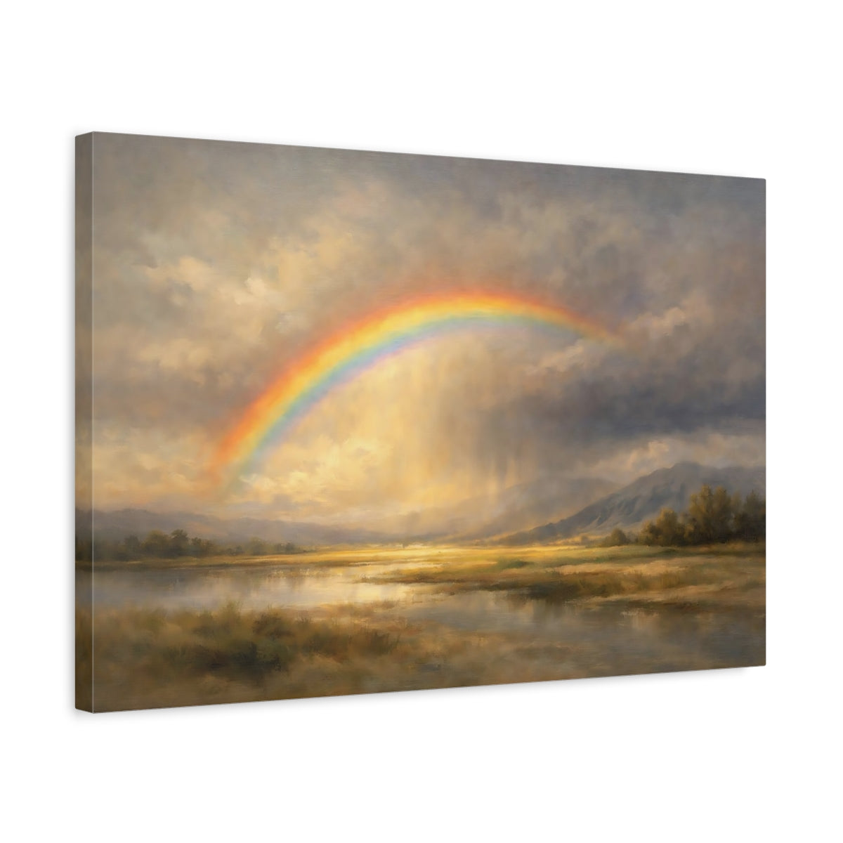 Side Mockup 3. Nature Rainbow Landscape Golden Landscape Rainbow shown as stretched canvas wall art