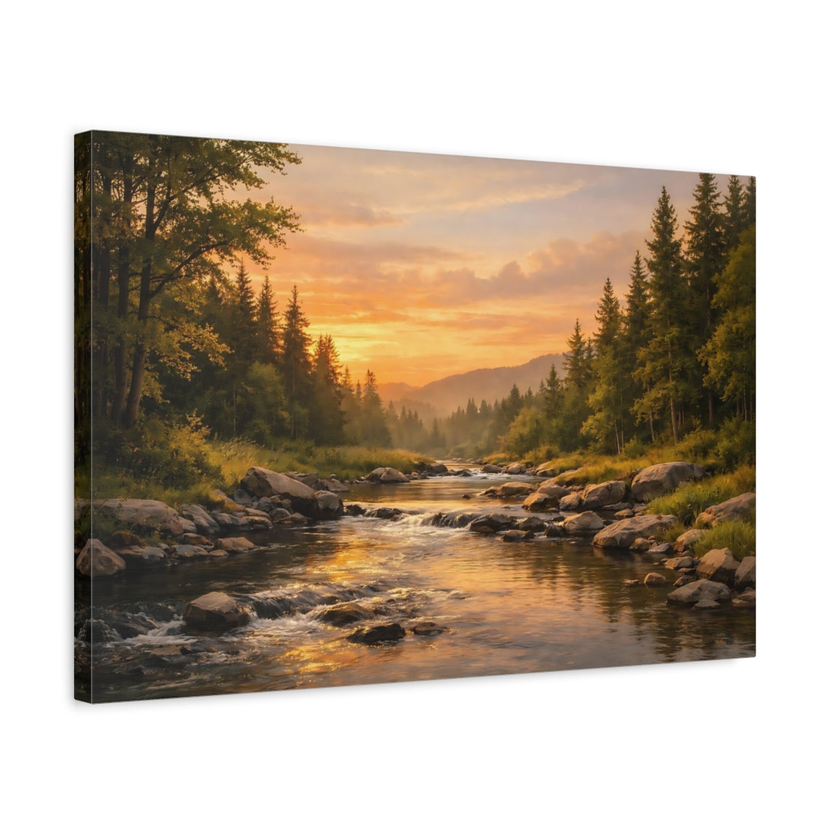 Side Mockup 3. Nature River Forest Golden River Sunset shown as stretched canvas wall art