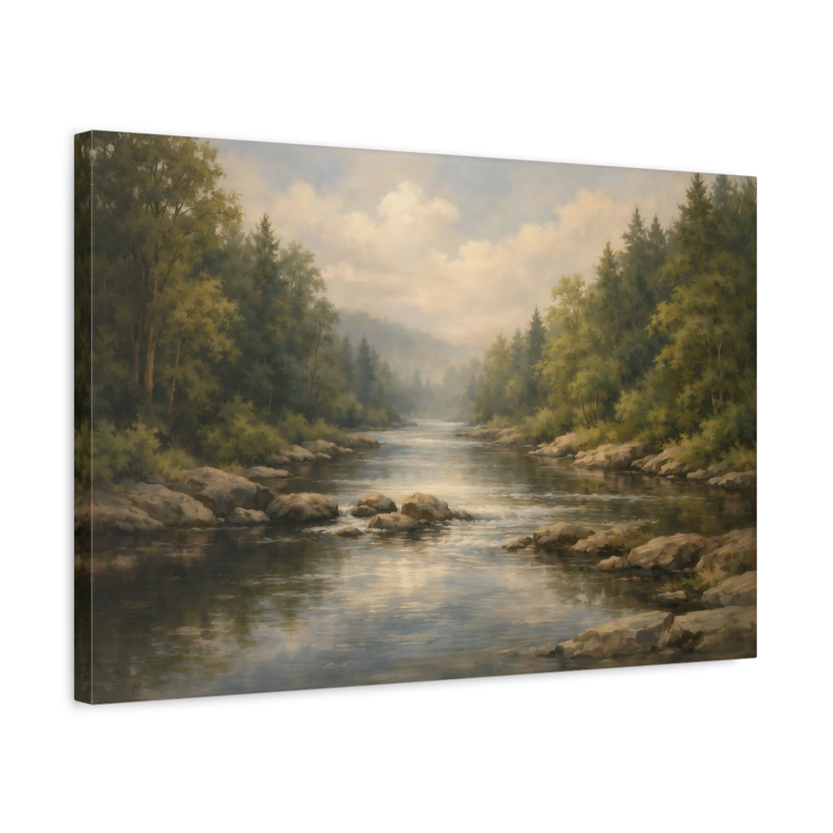 Side Mockup 3. Nature River Forest Green Forest River shown as stretched canvas wall art