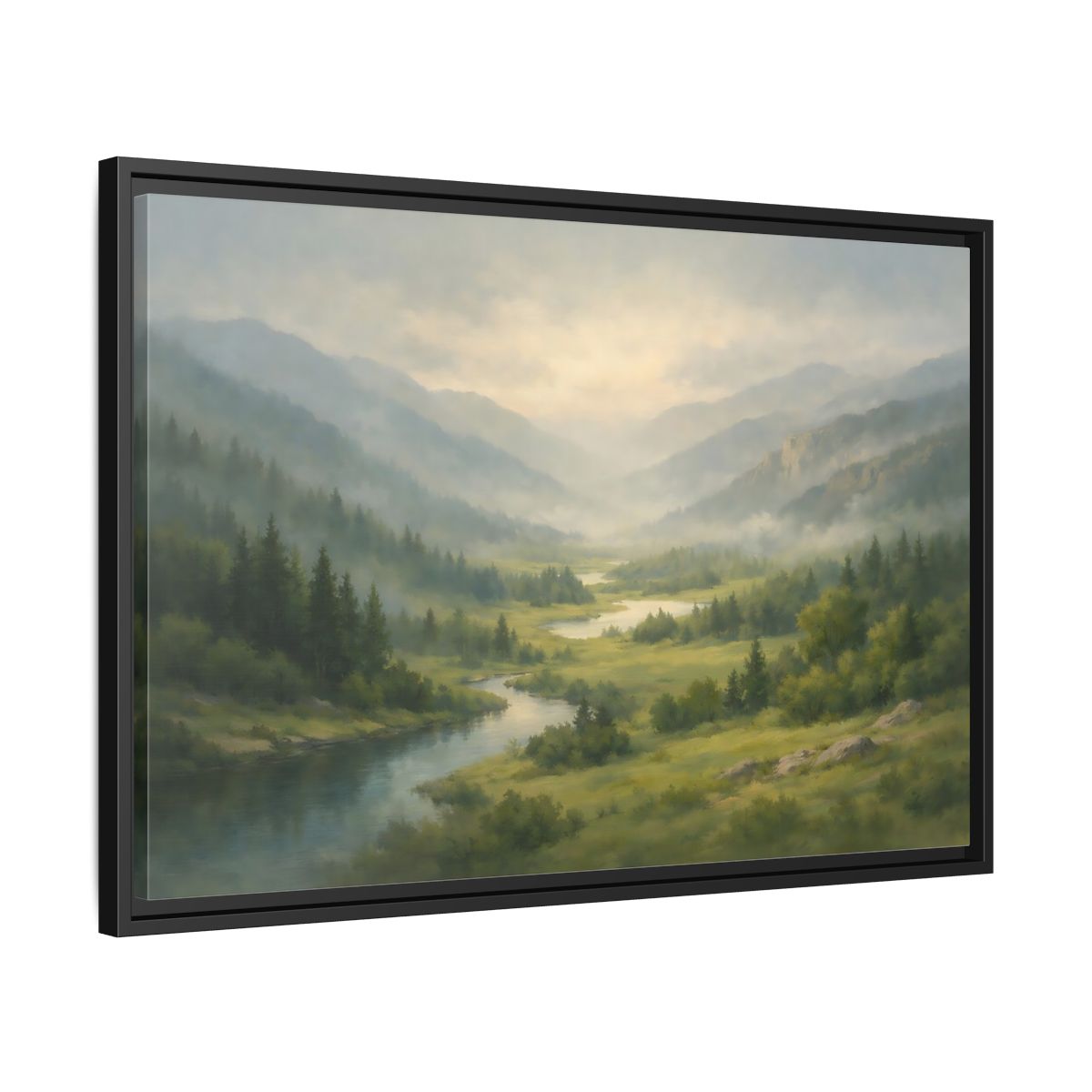 Side Mockup 14. Nature River Valley Green Mountain Landscape shown as stretched canvas wall art