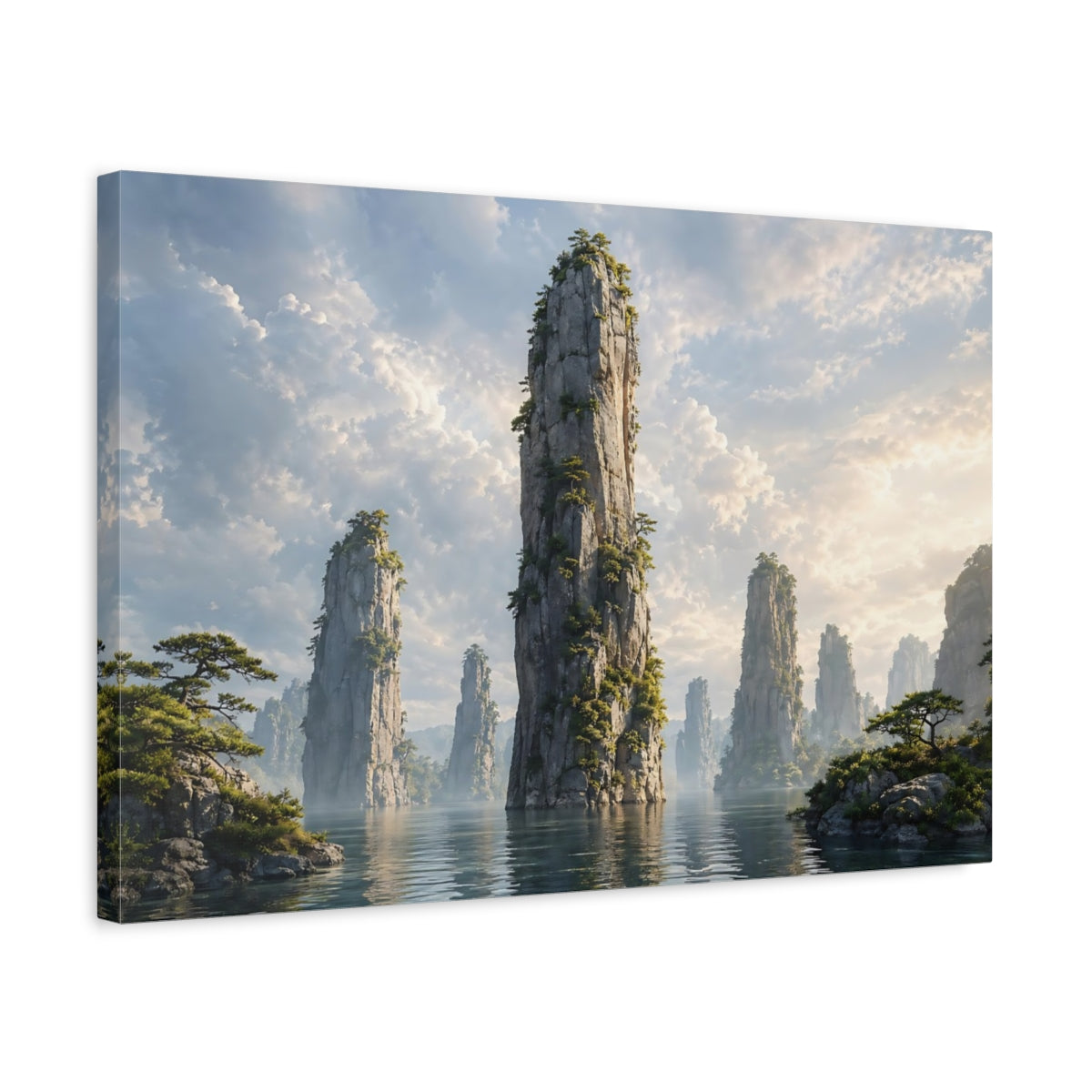 Side Mockup 3. Nature Rock Formations Misty Mountain Landscape shown as stretched canvas wall art