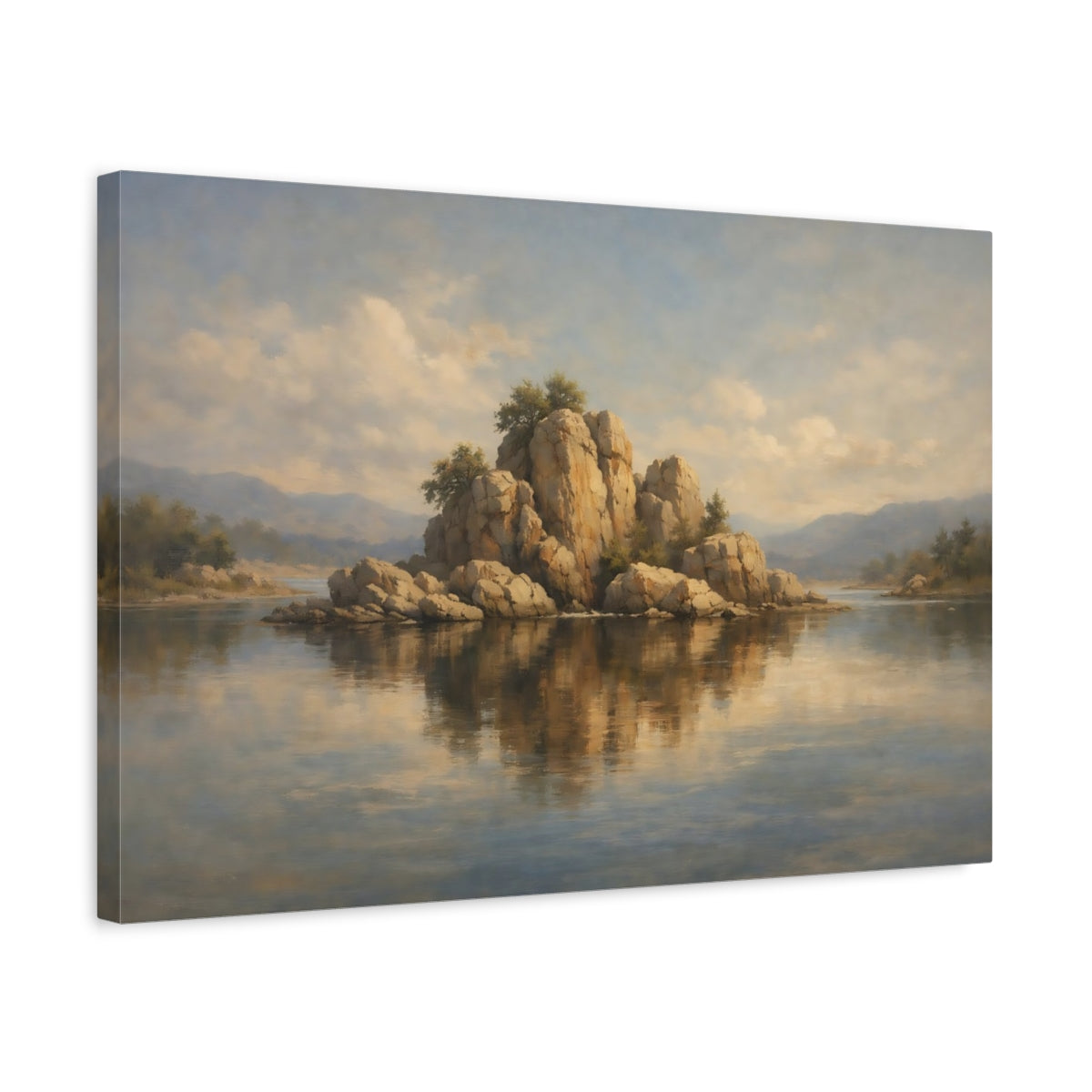 Side Mockup 3. Nature Rocky Island Brown And Blue Landscape shown as stretched canvas wall art