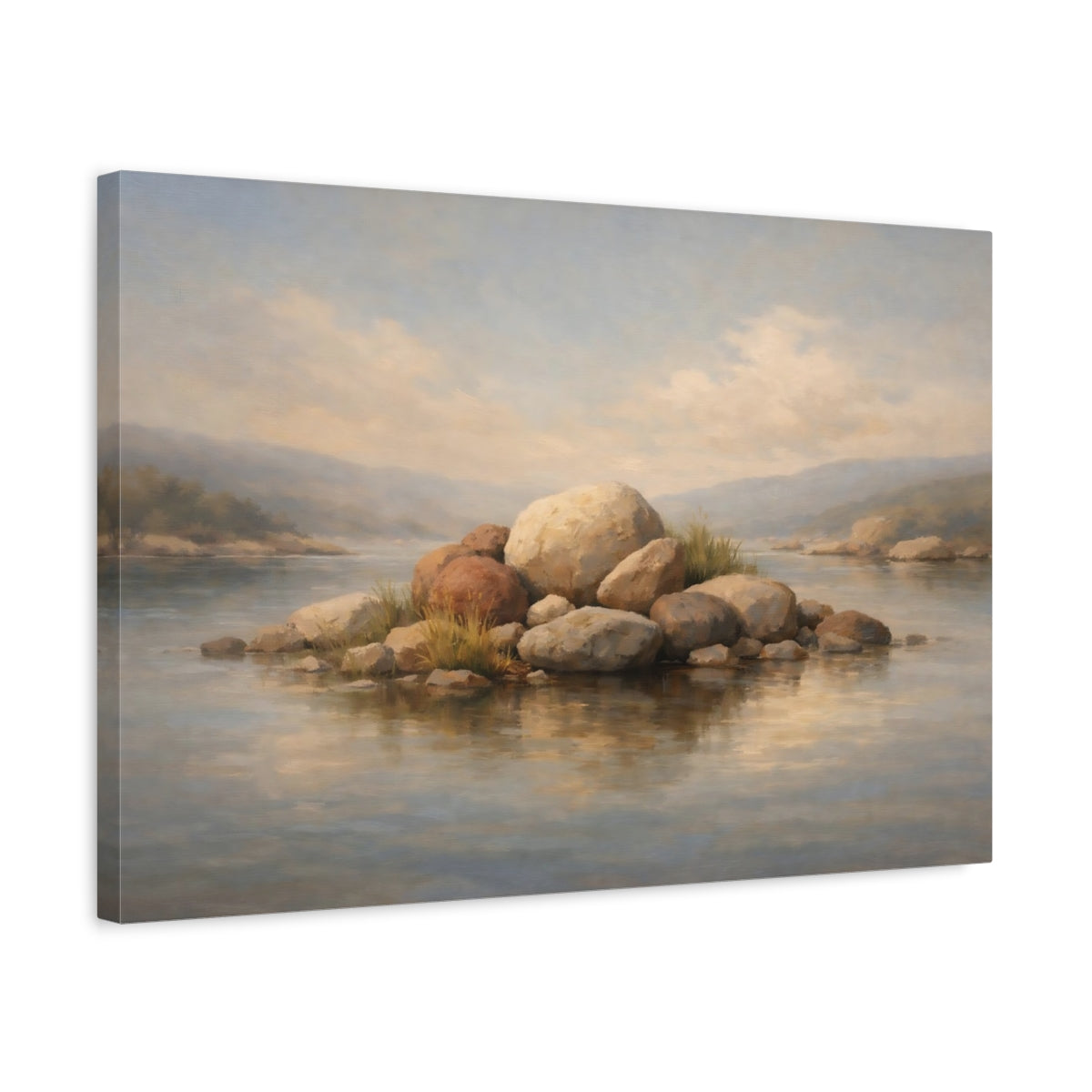 Side Mockup 3. Nature Rocky Island Brown And Grey Island shown as stretched canvas wall art