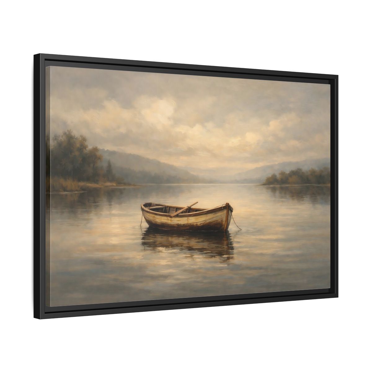 Side Mockup 14. Nature Rowboat Misty Lake Scene shown as stretched canvas wall art