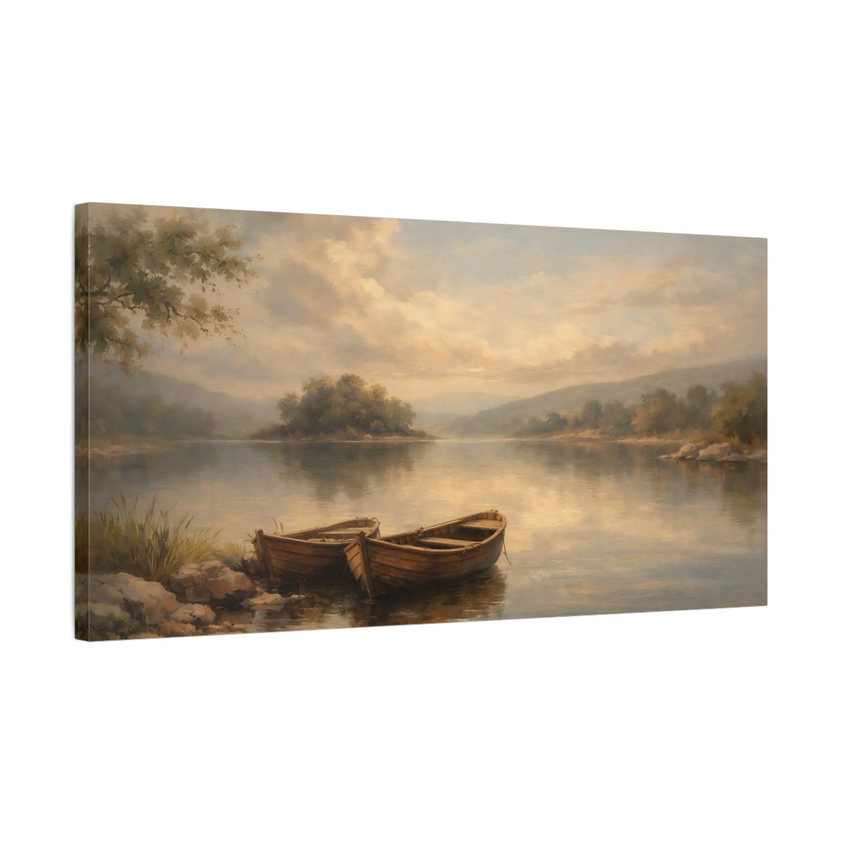 Side Mockup 2. Nature Rowboats Brown And Blue Landscape shown as stretched canvas wall art