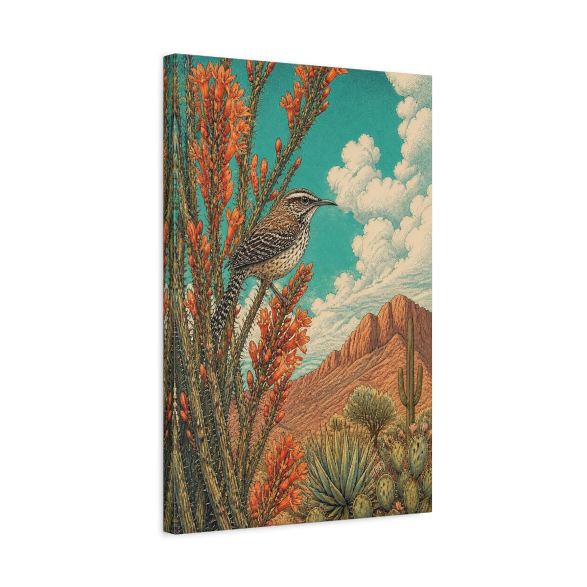Side Mockup 3. Nature's Cactus Wren shown as canvas print