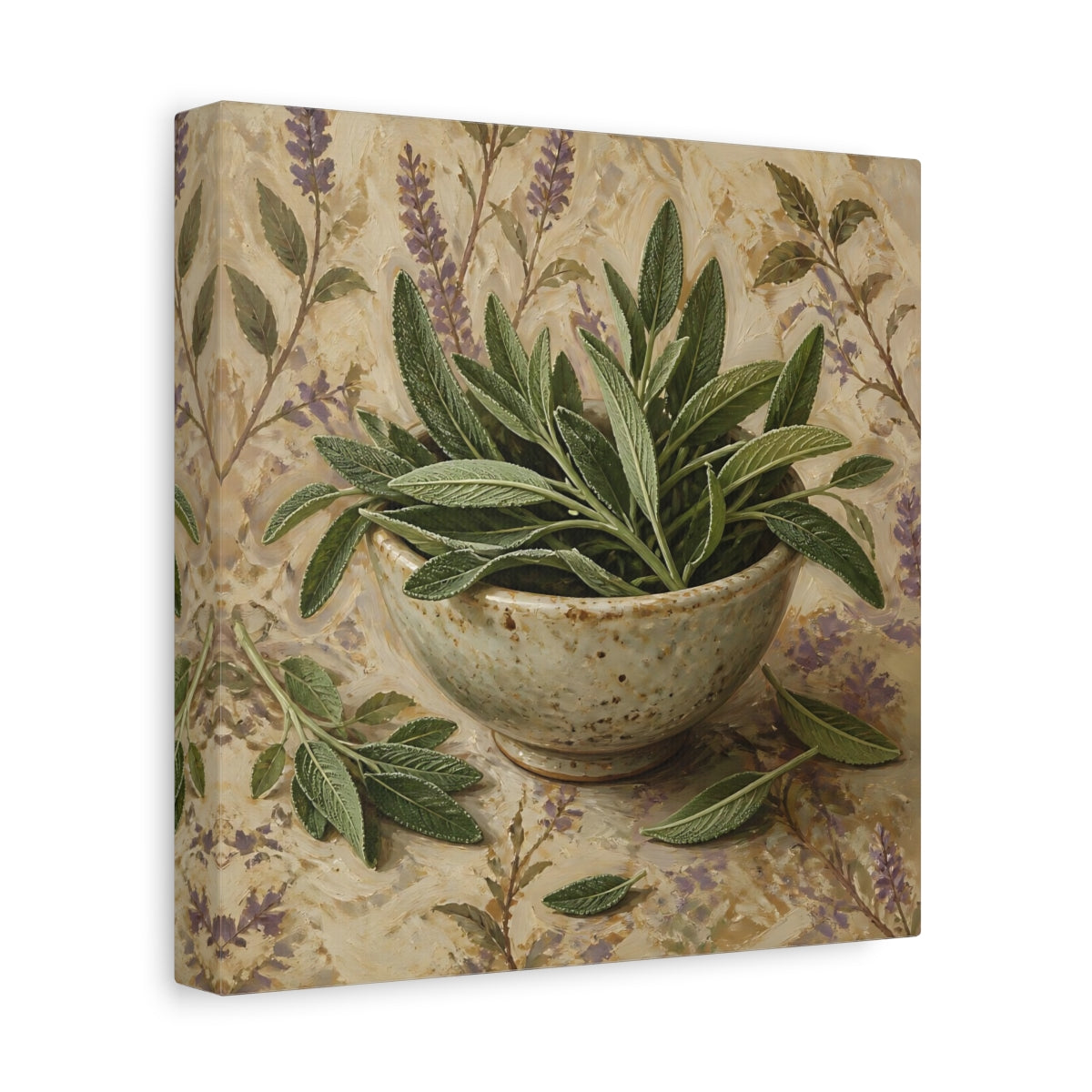 Side Mockup 9. Nature Sage Leaves Green Sage shown as stretched canvas wall art