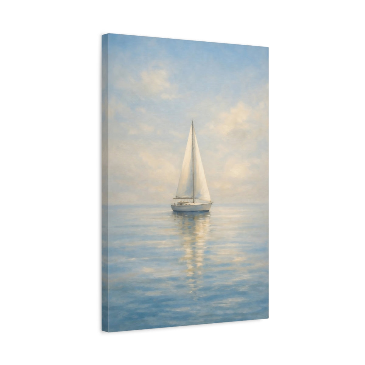 Side Mockup 3. Nature Sailboat Blue And White shown as stretched canvas wall art