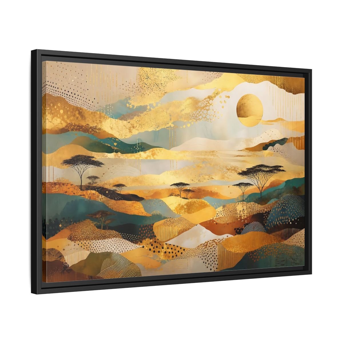 Nature Savanna Landscape Gold And Teal Framed Canvas Print – Abstract Living Room, Above Fireplace - YesArtYes