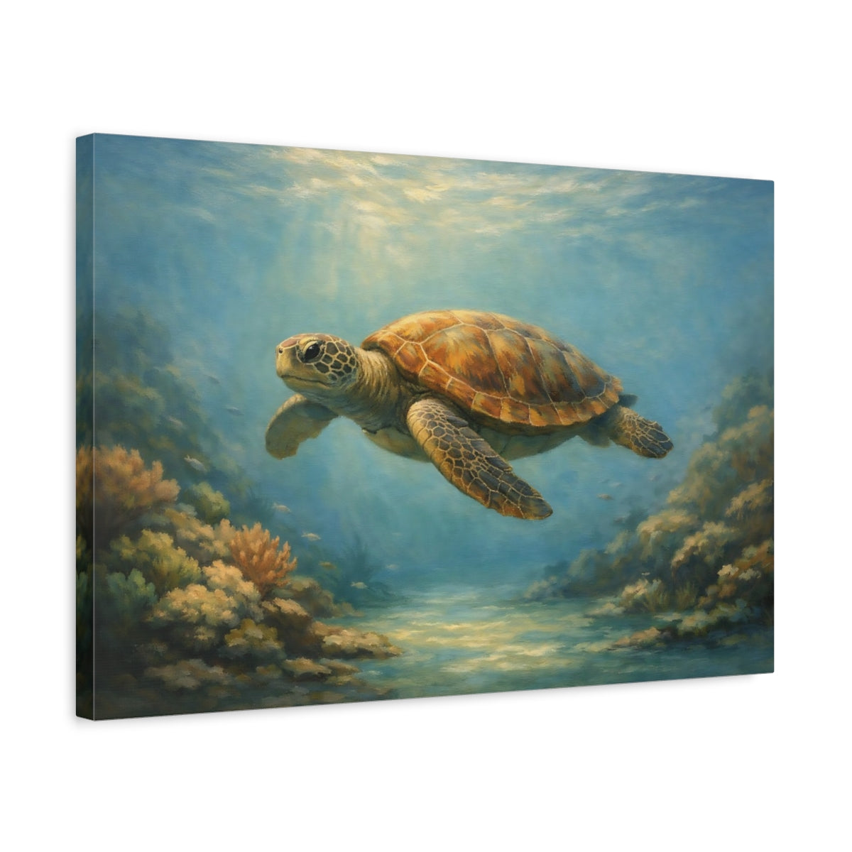 Side Mockup 3. Nature Sea Turtle Blue And Brown shown as stretched canvas wall art
