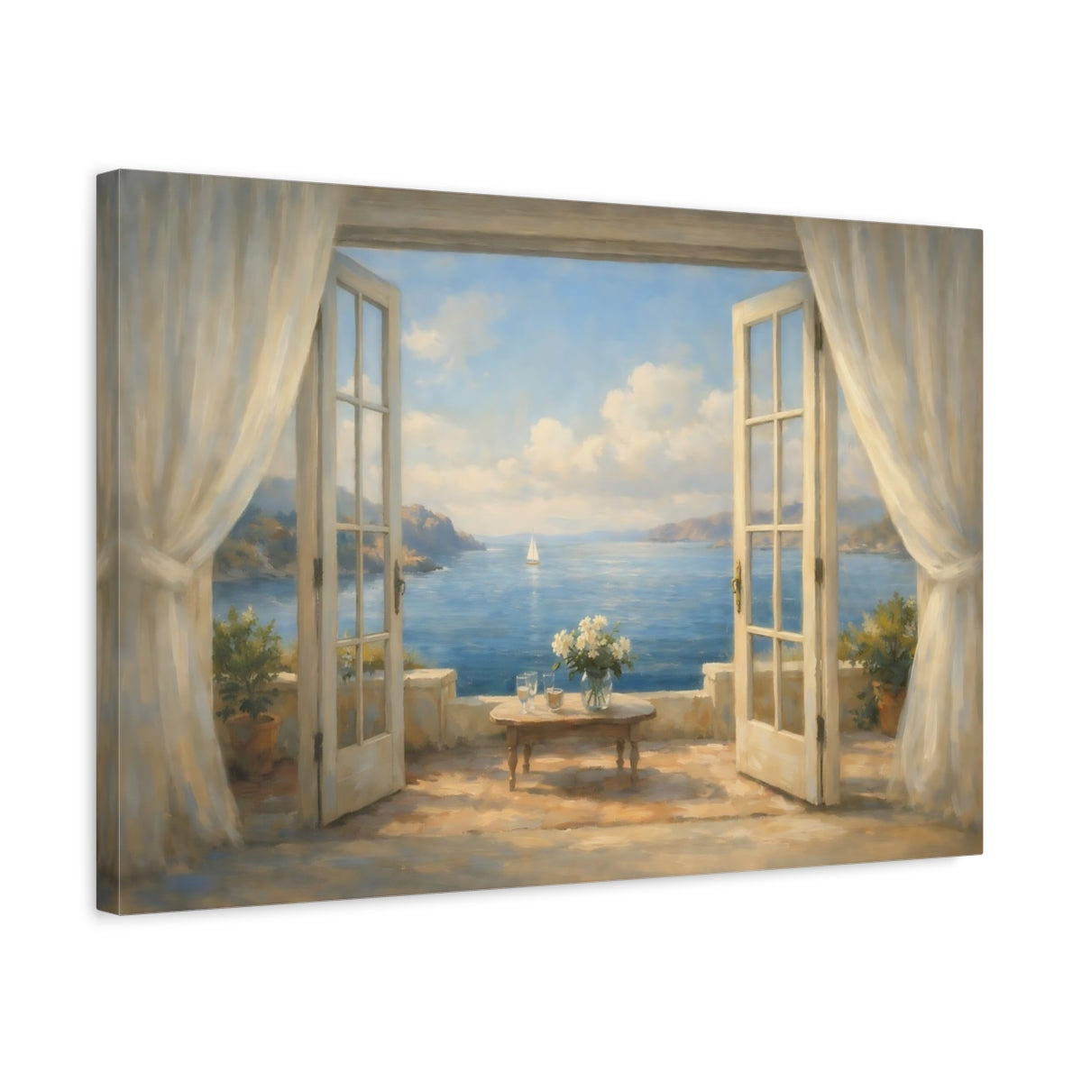 Side Mockup 3. Nature Sea View Blue And Cream Coastal shown as stretched canvas wall art