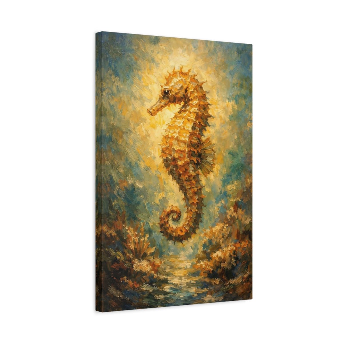 Side Mockup 3. Nature Seahorse Golden Seahorse shown as stretched canvas wall art