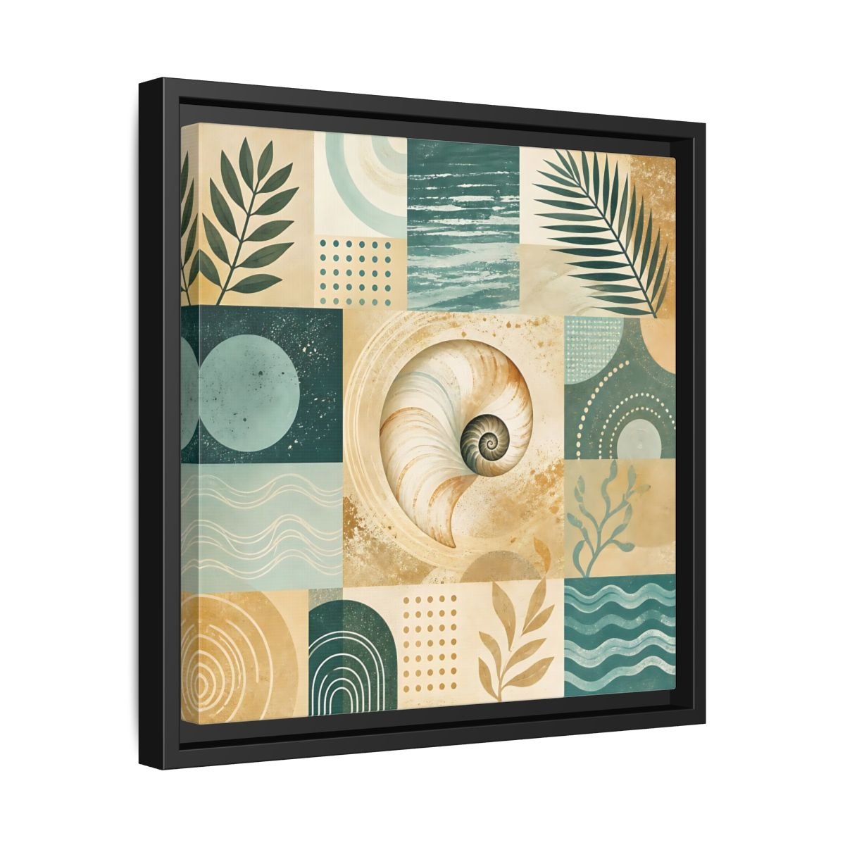 Nature Seashell Teal Gold Coastal Framed Canvas Print – Living Room, Above Sofa - YesArtYes