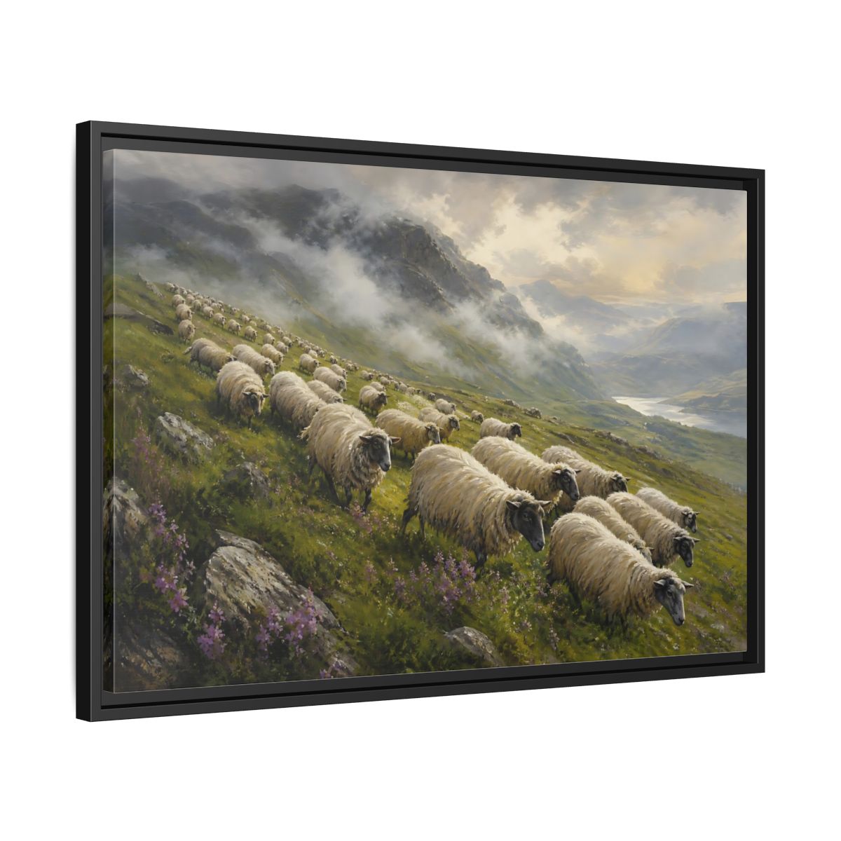 Side Mockup 14. Nature Sheep Green And Beige shown as stretched canvas wall art