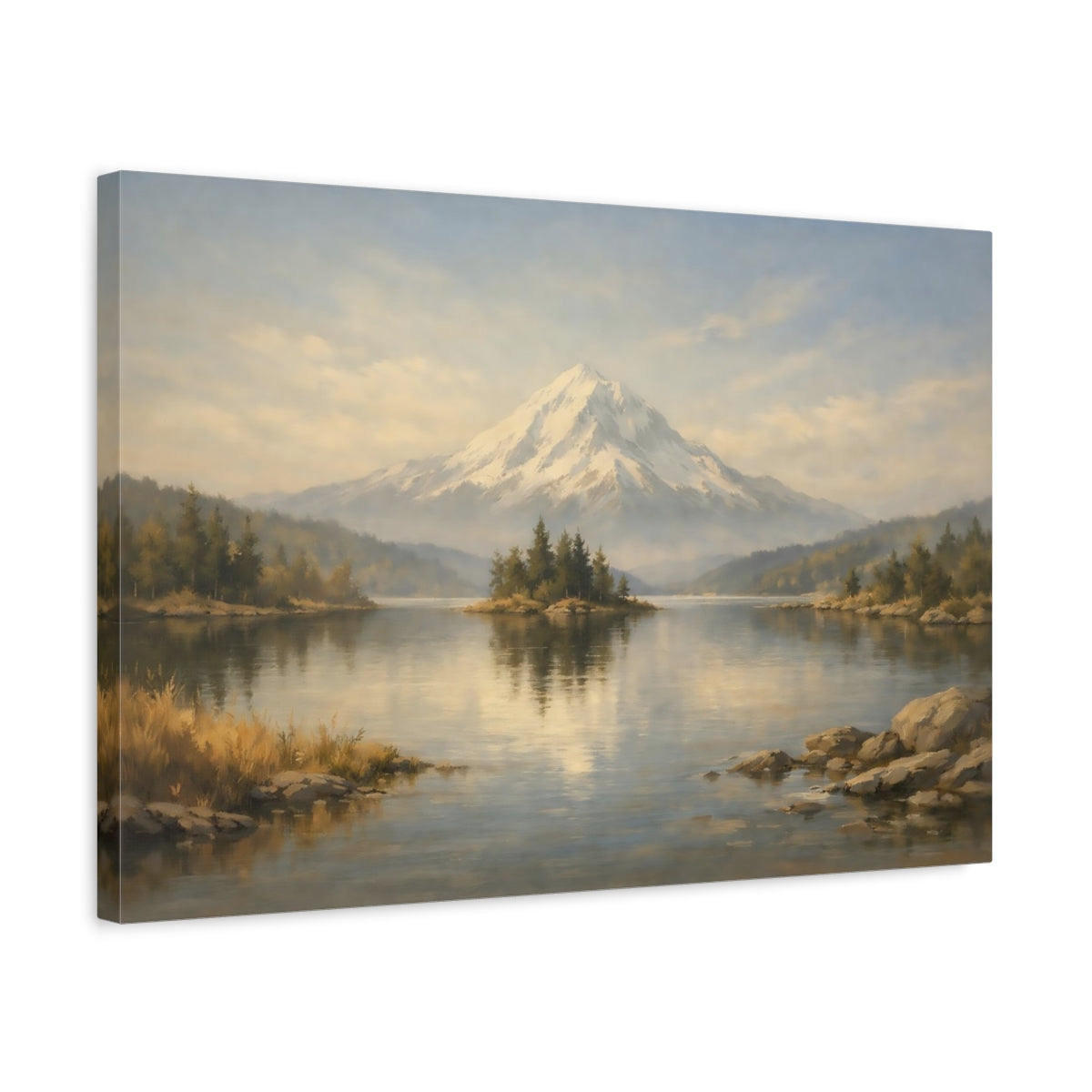 Side Mockup 3. Nature Snow Mountain Snowy Mountain Lake shown as stretched canvas wall art