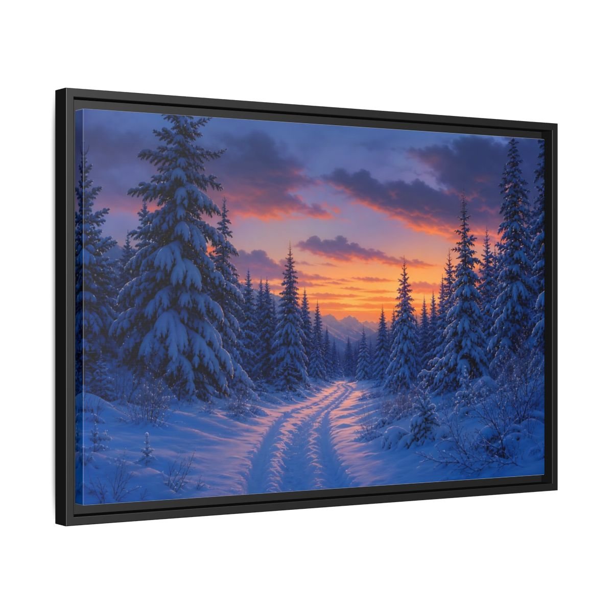 Nature Snowy Forest Sunset Framed Canvas Wall Art Print – Living Room Decor, Above Fireplace - YesArtYes