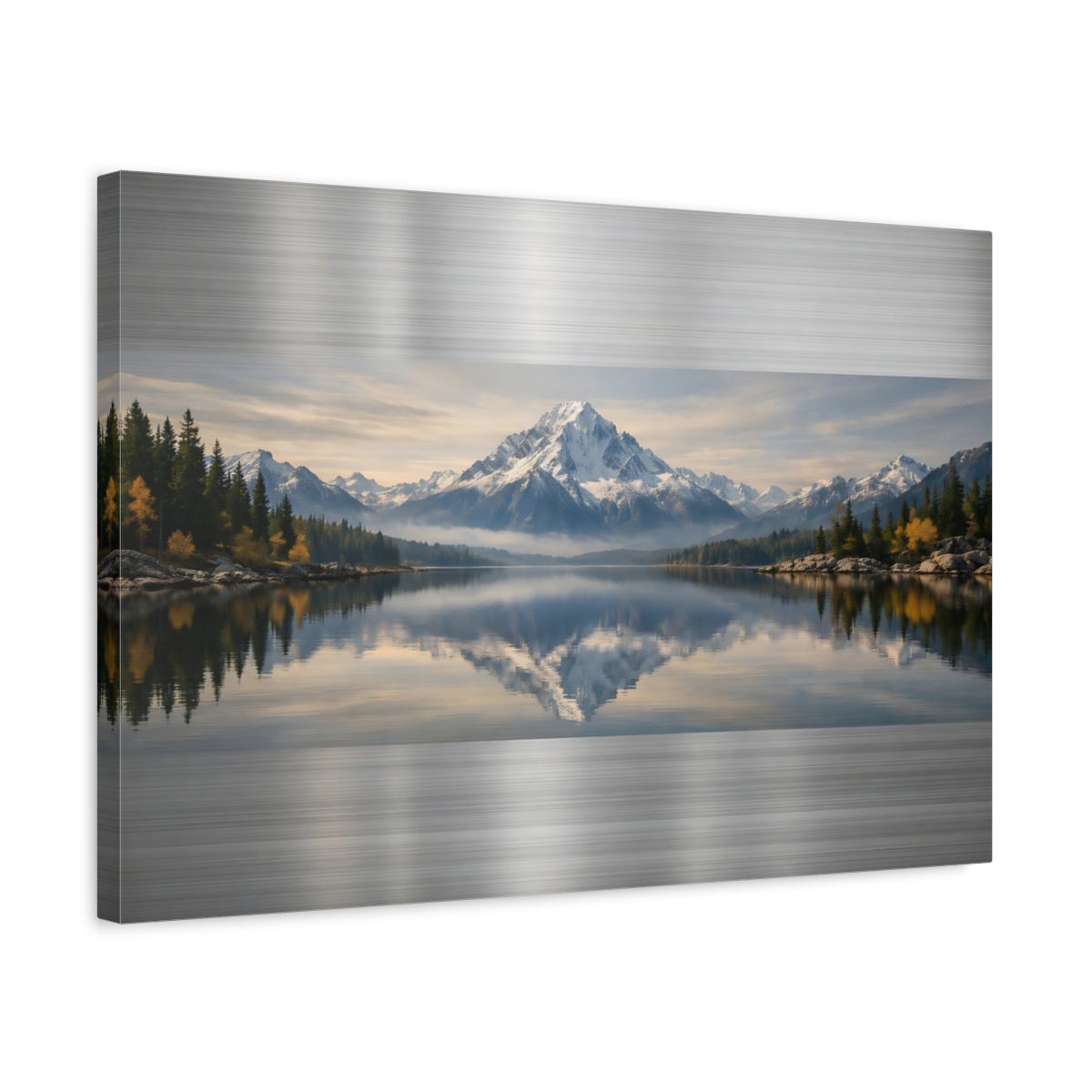 Side Mockup 3. Nature Snowy Mountain Blue And Green Landscape shown as stretched canvas wall art