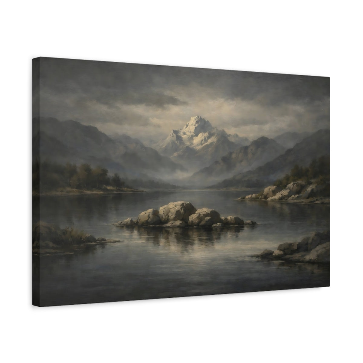 Side Mockup 3. Nature Snowy Mountain Grey Mountain Lake shown as stretched canvas wall art