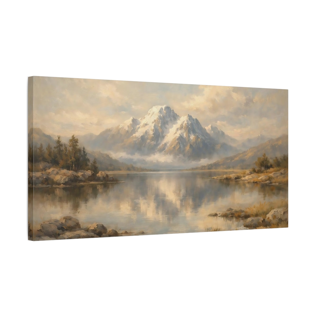 Side Mockup 2. Nature Snowy Mountain Mountain Lake shown as stretched canvas wall art