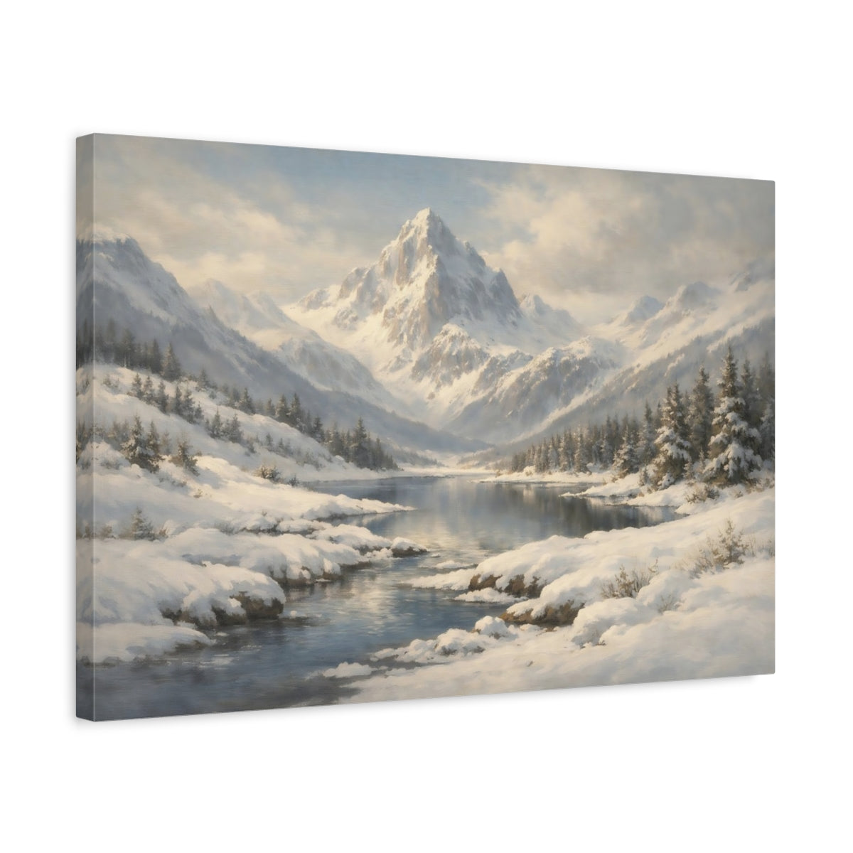 Side Mockup 3. Nature Snowy Mountain Winter Mountain shown as stretched canvas wall art